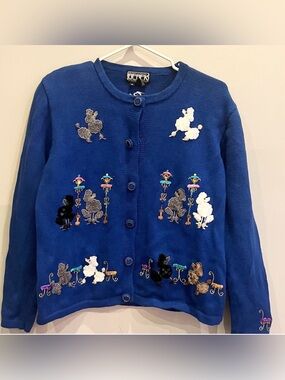 Berek by Takako Sakon royal blue cardigan VTG embroidered poodles dogs